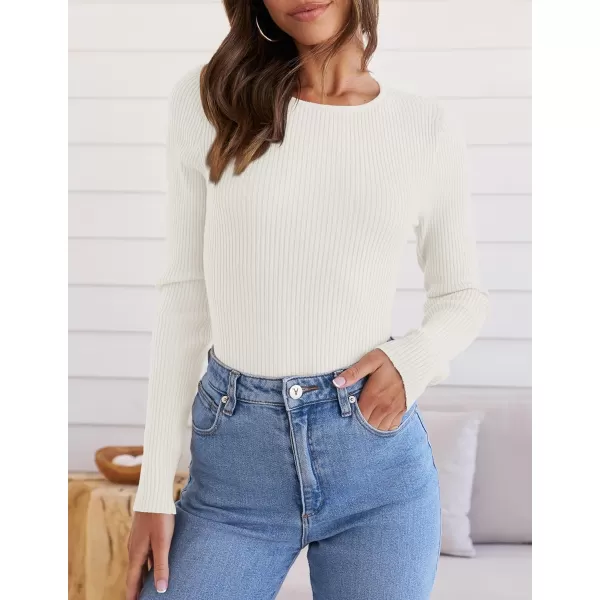 ZESICA Womens Long Sleeve Crewneck Shirts 2024 Fall Knit Sweater Slim Fitted Casual Basic Tee TopsWhite
