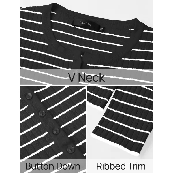 ZESICA Womens Long Sleeve Striped Shirts V Neck Button Up Sweater Casual Loose Basic Tops 2024 Trendy Fall ClothesBlack