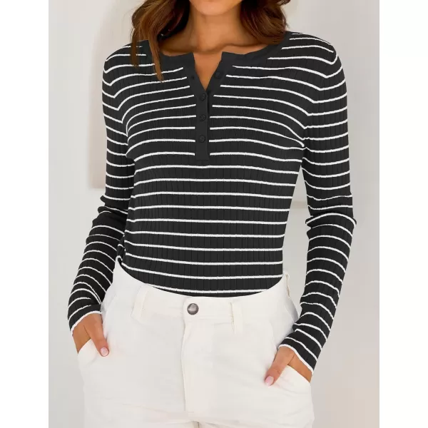 ZESICA Womens Long Sleeve Striped Shirts V Neck Button Up Sweater Casual Loose Basic Tops 2024 Trendy Fall ClothesBlack