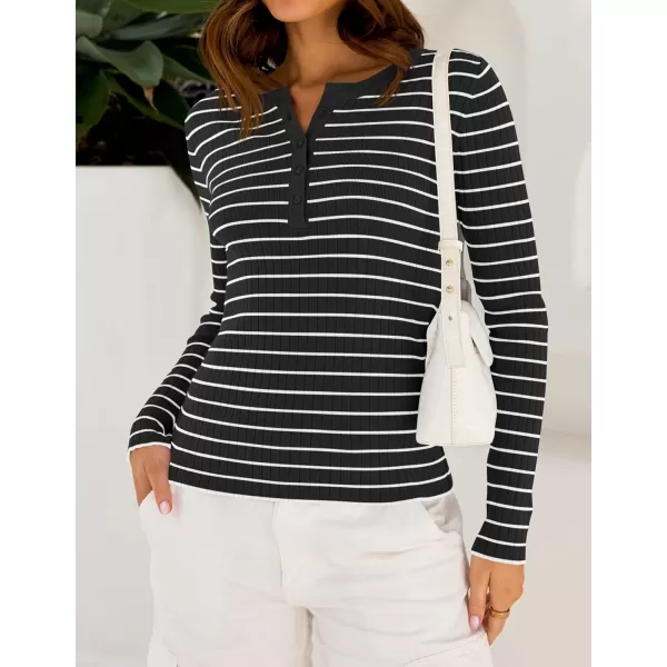 ZESICA Womens Long Sleeve Striped Shirts V Neck Button Up Sweater Casual Loose Basic Tops 2024 Trendy Fall ClothesBlack