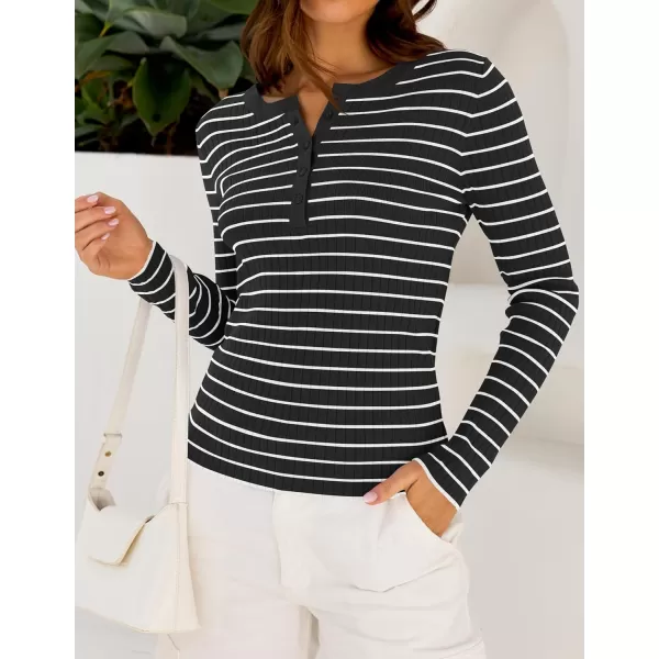 ZESICA Womens Long Sleeve Striped Shirts V Neck Button Up Sweater Casual Loose Basic Tops 2024 Trendy Fall ClothesBlack