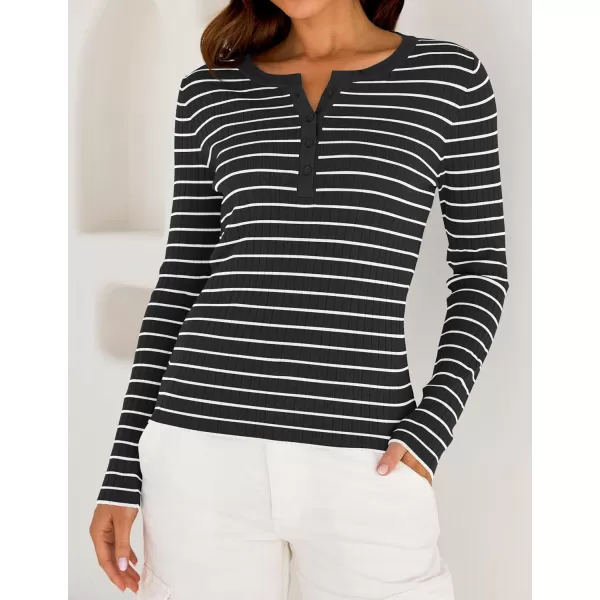 ZESICA Womens Long Sleeve Striped Shirts V Neck Button Up Sweater Casual Loose Basic Tops 2024 Trendy Fall ClothesBlack