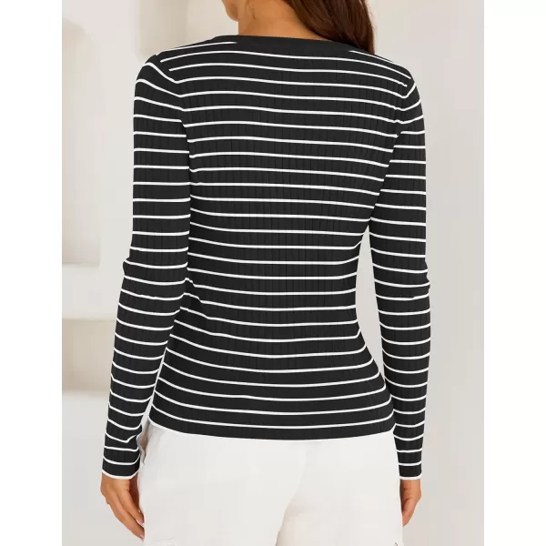 ZESICA Womens Long Sleeve Striped Shirts V Neck Button Up Sweater Casual Loose Basic Tops 2024 Trendy Fall ClothesBlack