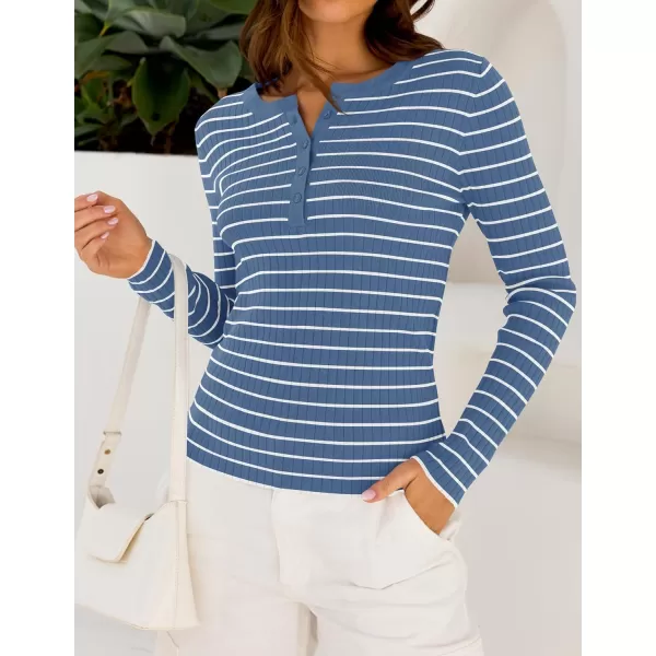 ZESICA Womens Long Sleeve Striped Shirts V Neck Button Up Sweater Casual Loose Basic Tops 2024 Trendy Fall ClothesBlue