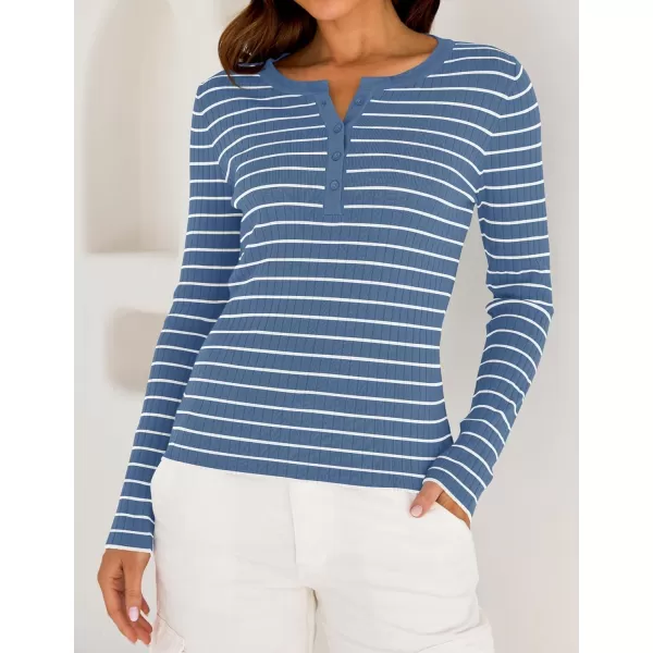 ZESICA Womens Long Sleeve Striped Shirts V Neck Button Up Sweater Casual Loose Basic Tops 2024 Trendy Fall ClothesBlue