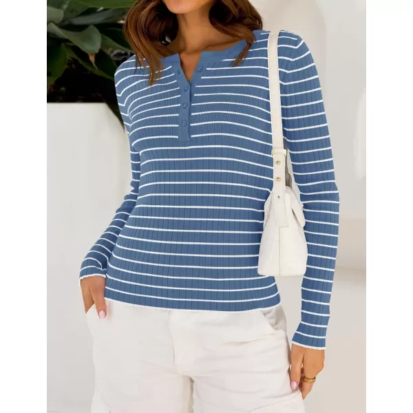 ZESICA Womens Long Sleeve Striped Shirts V Neck Button Up Sweater Casual Loose Basic Tops 2024 Trendy Fall ClothesBlue