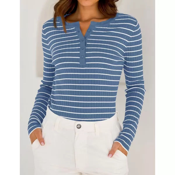 ZESICA Womens Long Sleeve Striped Shirts V Neck Button Up Sweater Casual Loose Basic Tops 2024 Trendy Fall ClothesBlue