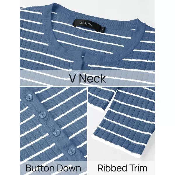 ZESICA Womens Long Sleeve Striped Shirts V Neck Button Up Sweater Casual Loose Basic Tops 2024 Trendy Fall ClothesBlue