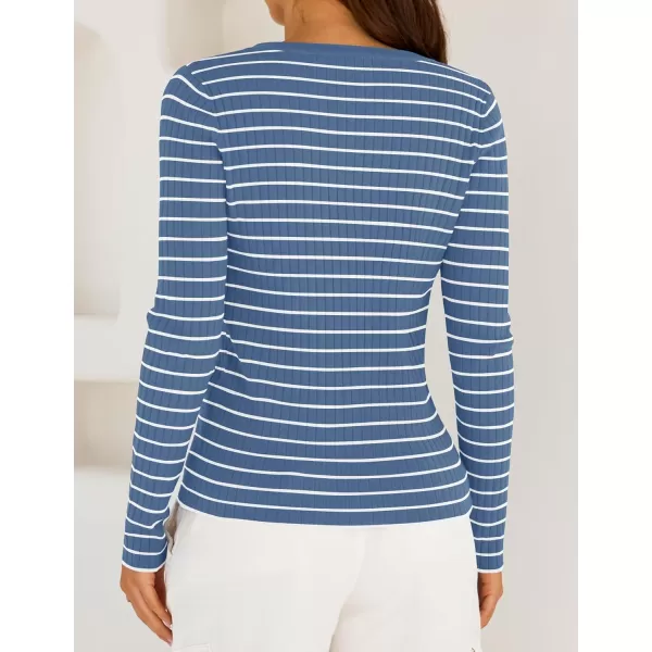 ZESICA Womens Long Sleeve Striped Shirts V Neck Button Up Sweater Casual Loose Basic Tops 2024 Trendy Fall ClothesBlue