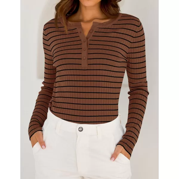 ZESICA Womens Long Sleeve Striped Shirts V Neck Button Up Sweater Casual Loose Basic Tops 2024 Trendy Fall ClothesBrown