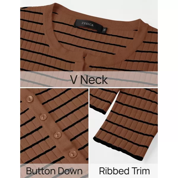 ZESICA Womens Long Sleeve Striped Shirts V Neck Button Up Sweater Casual Loose Basic Tops 2024 Trendy Fall ClothesBrown