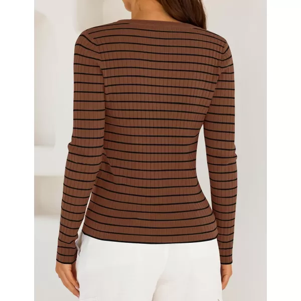 ZESICA Womens Long Sleeve Striped Shirts V Neck Button Up Sweater Casual Loose Basic Tops 2024 Trendy Fall ClothesBrown
