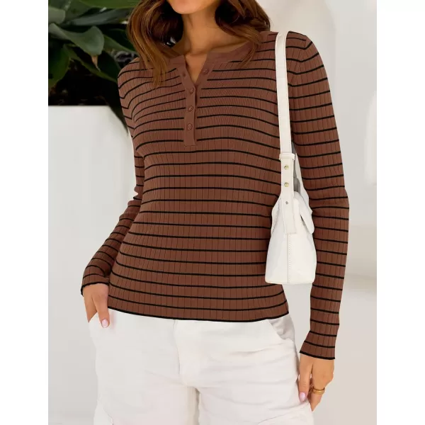 ZESICA Womens Long Sleeve Striped Shirts V Neck Button Up Sweater Casual Loose Basic Tops 2024 Trendy Fall ClothesBrown