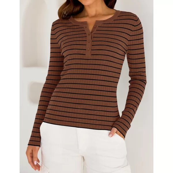 ZESICA Womens Long Sleeve Striped Shirts V Neck Button Up Sweater Casual Loose Basic Tops 2024 Trendy Fall ClothesBrown