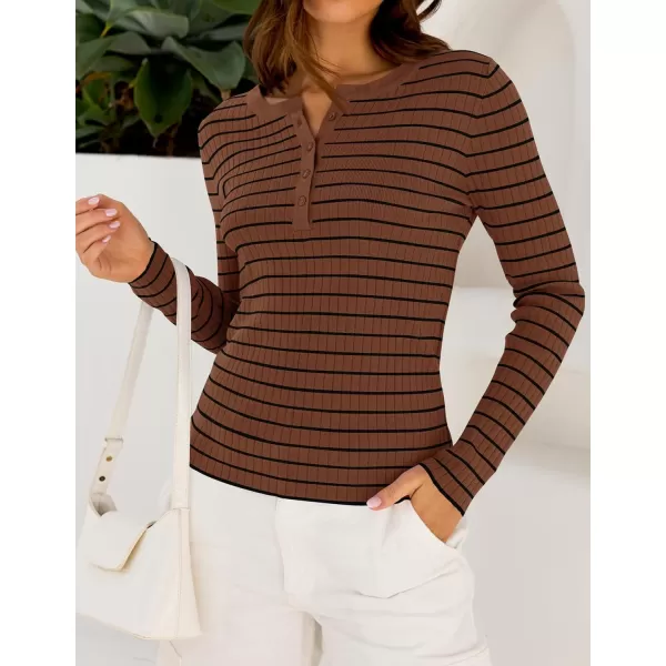 ZESICA Womens Long Sleeve Striped Shirts V Neck Button Up Sweater Casual Loose Basic Tops 2024 Trendy Fall ClothesBrown
