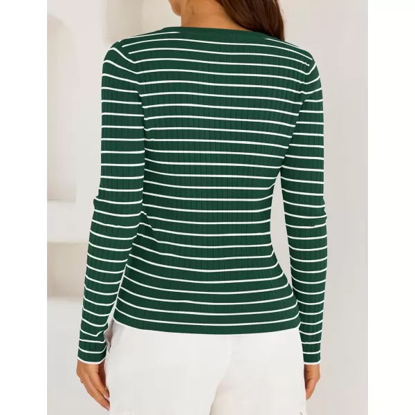 ZESICA Womens Long Sleeve Striped Shirts V Neck Button Up Sweater Casual Loose Basic Tops 2024 Trendy Fall ClothesGreen