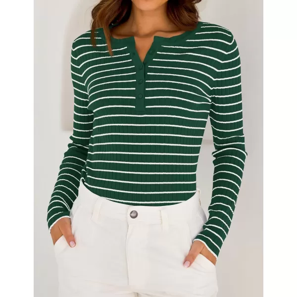 ZESICA Womens Long Sleeve Striped Shirts V Neck Button Up Sweater Casual Loose Basic Tops 2024 Trendy Fall ClothesGreen