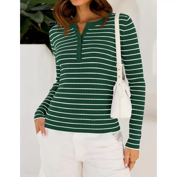 ZESICA Womens Long Sleeve Striped Shirts V Neck Button Up Sweater Casual Loose Basic Tops 2024 Trendy Fall ClothesGreen