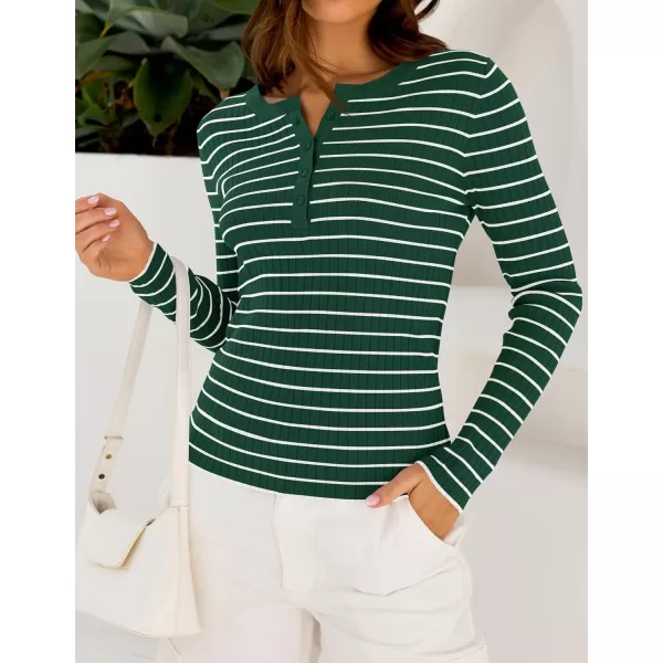 ZESICA Womens Long Sleeve Striped Shirts V Neck Button Up Sweater Casual Loose Basic Tops 2024 Trendy Fall ClothesGreen