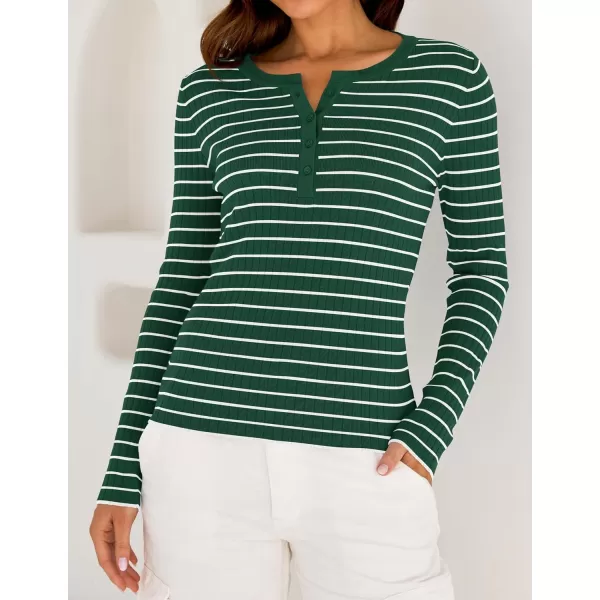 ZESICA Womens Long Sleeve Striped Shirts V Neck Button Up Sweater Casual Loose Basic Tops 2024 Trendy Fall ClothesGreen