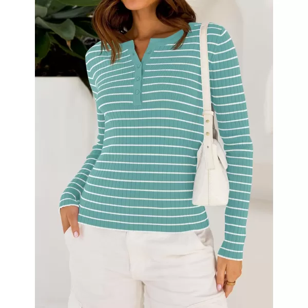 ZESICA Womens Long Sleeve Striped Shirts V Neck Button Up Sweater Casual Loose Basic Tops 2024 Trendy Fall ClothesMint