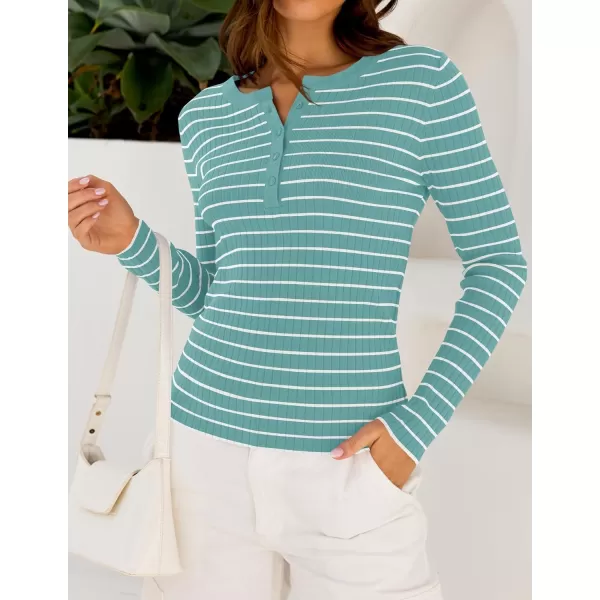 ZESICA Womens Long Sleeve Striped Shirts V Neck Button Up Sweater Casual Loose Basic Tops 2024 Trendy Fall ClothesMint