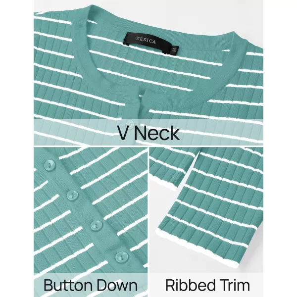 ZESICA Womens Long Sleeve Striped Shirts V Neck Button Up Sweater Casual Loose Basic Tops 2024 Trendy Fall ClothesMint