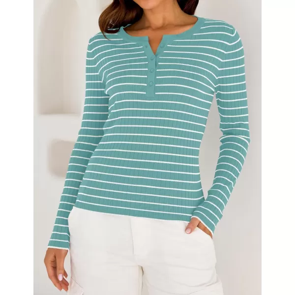 ZESICA Womens Long Sleeve Striped Shirts V Neck Button Up Sweater Casual Loose Basic Tops 2024 Trendy Fall ClothesMint