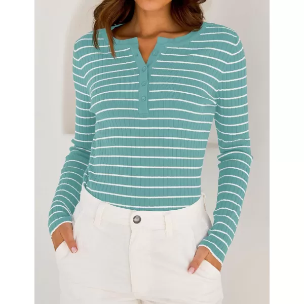 ZESICA Womens Long Sleeve Striped Shirts V Neck Button Up Sweater Casual Loose Basic Tops 2024 Trendy Fall ClothesMint