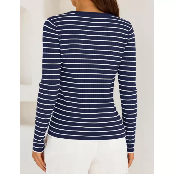 ZESICA Womens Long Sleeve Striped Shirts V Neck Button Up Sweater Casual Loose Basic Tops 2024 Trendy Fall ClothesNavy