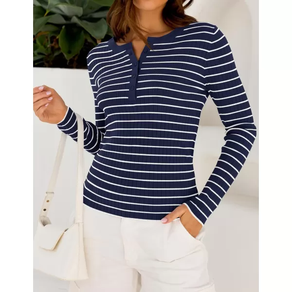 ZESICA Womens Long Sleeve Striped Shirts V Neck Button Up Sweater Casual Loose Basic Tops 2024 Trendy Fall ClothesNavy