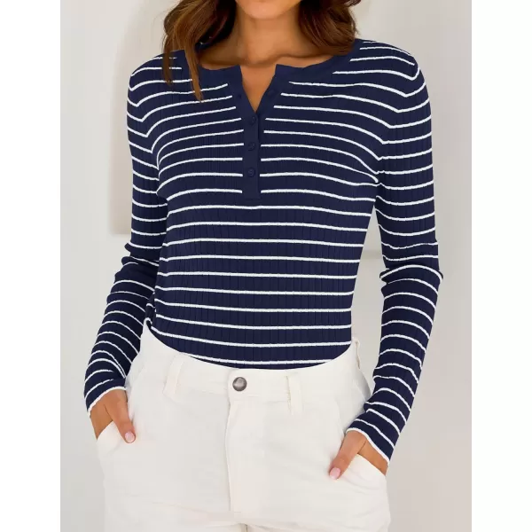 ZESICA Womens Long Sleeve Striped Shirts V Neck Button Up Sweater Casual Loose Basic Tops 2024 Trendy Fall ClothesNavy