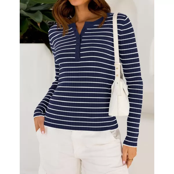 ZESICA Womens Long Sleeve Striped Shirts V Neck Button Up Sweater Casual Loose Basic Tops 2024 Trendy Fall ClothesNavy