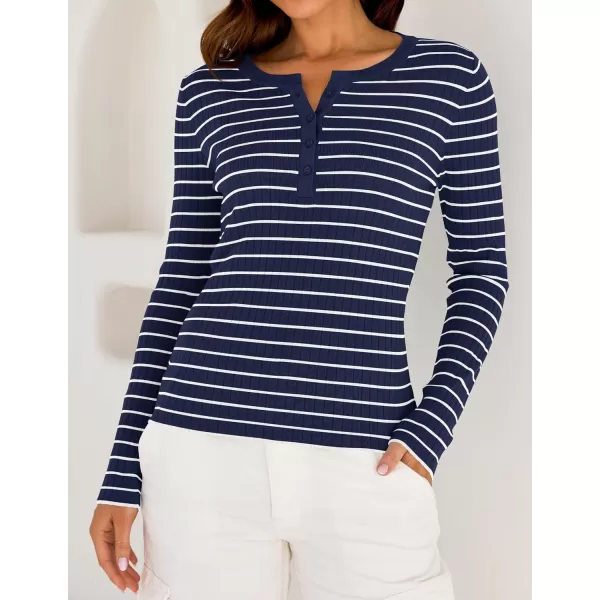 ZESICA Womens Long Sleeve Striped Shirts V Neck Button Up Sweater Casual Loose Basic Tops 2024 Trendy Fall ClothesNavy