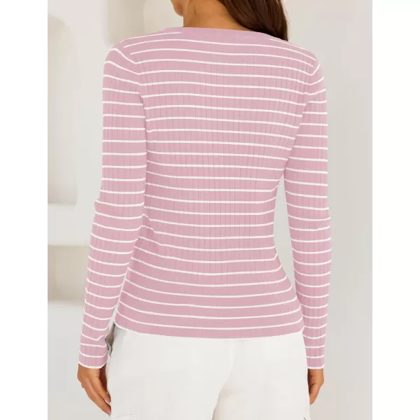 ZESICA Womens Long Sleeve Striped Shirts V Neck Button Up Sweater Casual Loose Basic Tops 2024 Trendy Fall ClothesPink