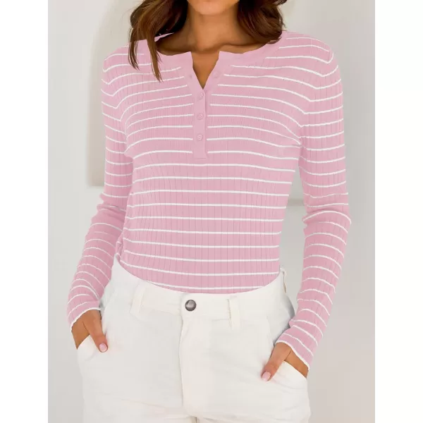 ZESICA Womens Long Sleeve Striped Shirts V Neck Button Up Sweater Casual Loose Basic Tops 2024 Trendy Fall ClothesPink