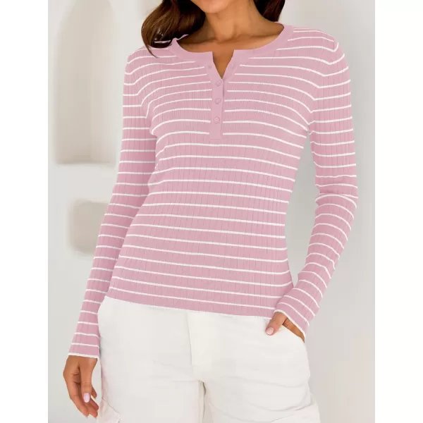 ZESICA Womens Long Sleeve Striped Shirts V Neck Button Up Sweater Casual Loose Basic Tops 2024 Trendy Fall ClothesPink