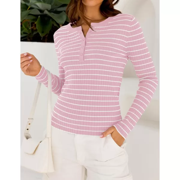 ZESICA Womens Long Sleeve Striped Shirts V Neck Button Up Sweater Casual Loose Basic Tops 2024 Trendy Fall ClothesPink