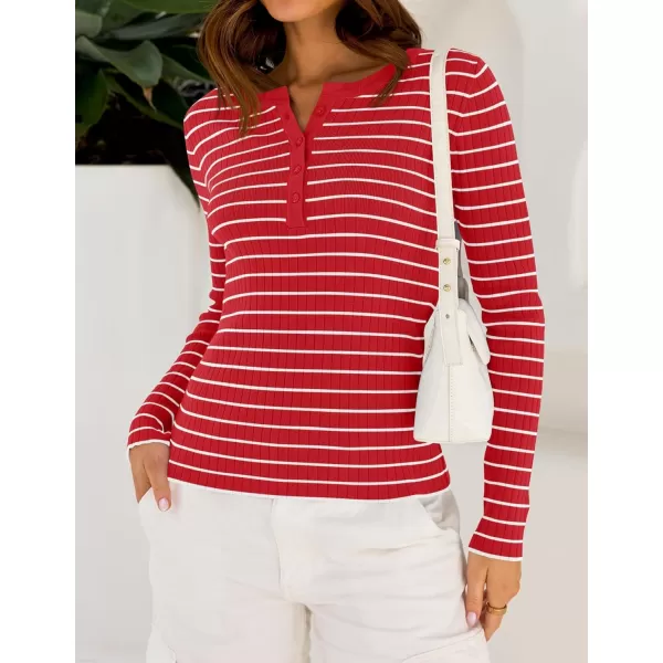 ZESICA Womens Long Sleeve Striped Shirts V Neck Button Up Sweater Casual Loose Basic Tops 2024 Trendy Fall ClothesRed