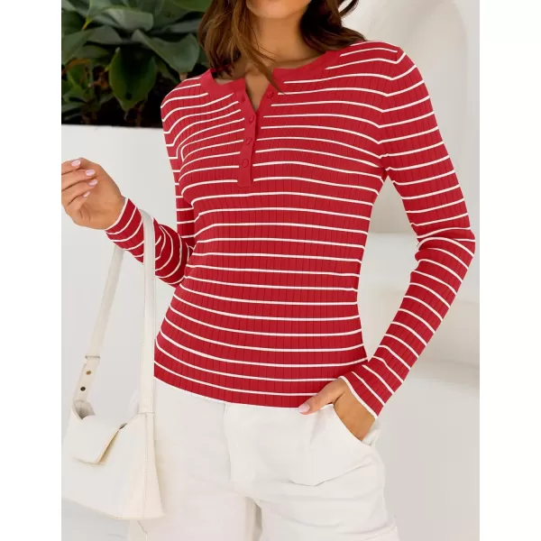 ZESICA Womens Long Sleeve Striped Shirts V Neck Button Up Sweater Casual Loose Basic Tops 2024 Trendy Fall ClothesRed