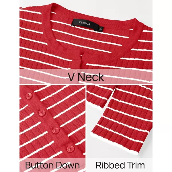 ZESICA Womens Long Sleeve Striped Shirts V Neck Button Up Sweater Casual Loose Basic Tops 2024 Trendy Fall ClothesRed