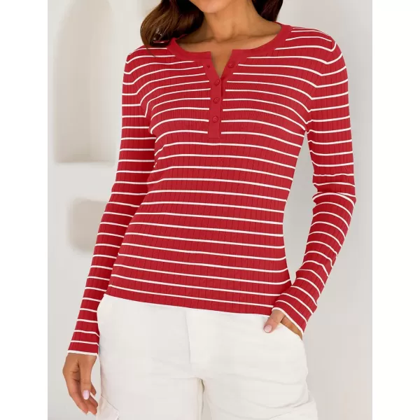 ZESICA Womens Long Sleeve Striped Shirts V Neck Button Up Sweater Casual Loose Basic Tops 2024 Trendy Fall ClothesRed