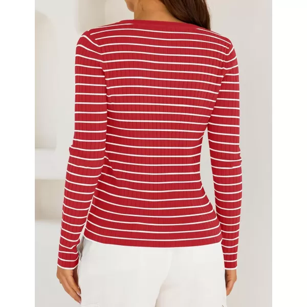ZESICA Womens Long Sleeve Striped Shirts V Neck Button Up Sweater Casual Loose Basic Tops 2024 Trendy Fall ClothesRed