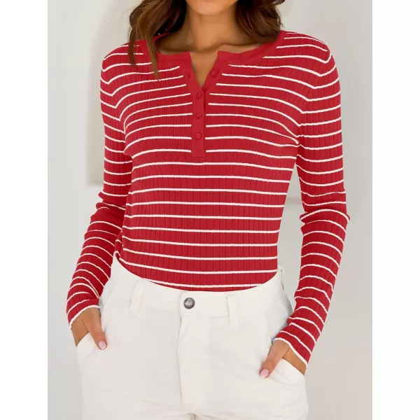 ZESICA Womens Long Sleeve Striped Shirts V Neck Button Up Sweater Casual Loose Basic Tops 2024 Trendy Fall ClothesRed
