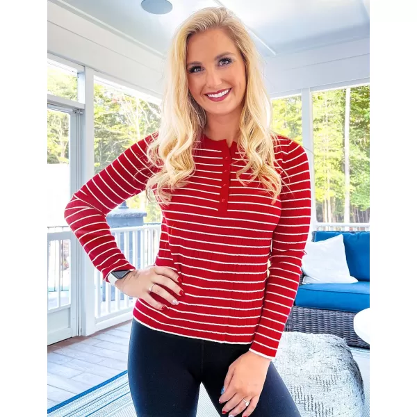 ZESICA Womens Long Sleeve Striped Shirts V Neck Button Up Sweater Casual Loose Basic Tops 2024 Trendy Fall ClothesRed