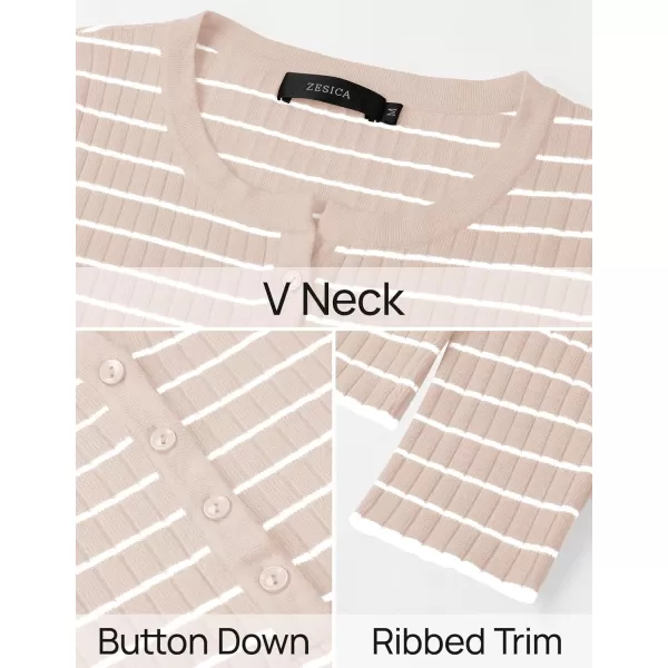ZESICA Womens Long Sleeve Striped Shirts V Neck Button Up Sweater Casual Loose Basic Tops 2024 Trendy Fall ClothesSand