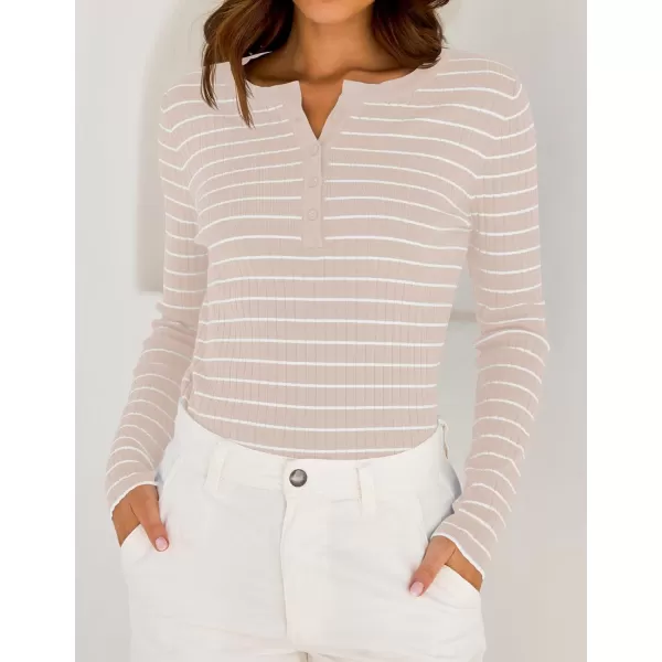 ZESICA Womens Long Sleeve Striped Shirts V Neck Button Up Sweater Casual Loose Basic Tops 2024 Trendy Fall ClothesSand