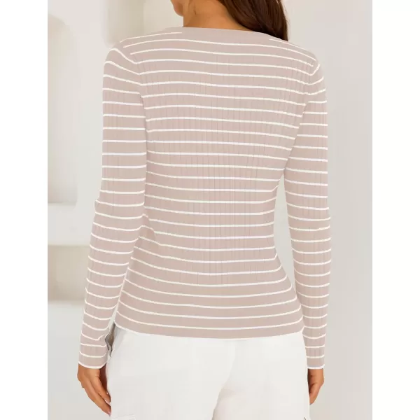 ZESICA Womens Long Sleeve Striped Shirts V Neck Button Up Sweater Casual Loose Basic Tops 2024 Trendy Fall ClothesSand