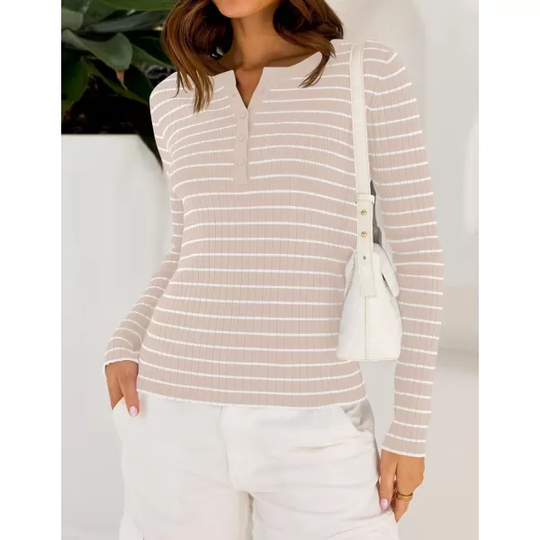 ZESICA Womens Long Sleeve Striped Shirts V Neck Button Up Sweater Casual Loose Basic Tops 2024 Trendy Fall ClothesSand
