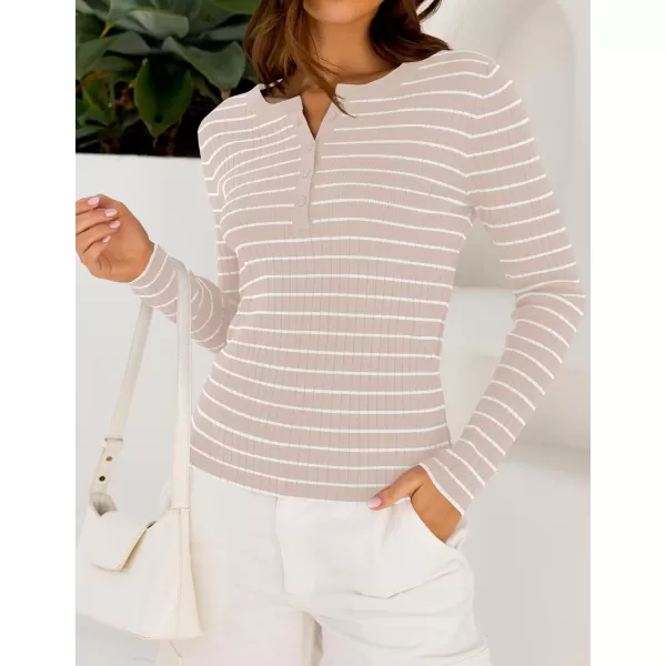 ZESICA Womens Long Sleeve Striped Shirts V Neck Button Up Sweater Casual Loose Basic Tops 2024 Trendy Fall ClothesSand